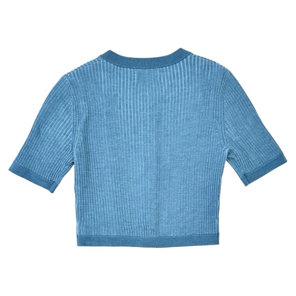 NAADAM Blue Short Sleeve Silk & Wool Cropped Knit Fitted Cardigan Sweater Top - Picture 2 of 11